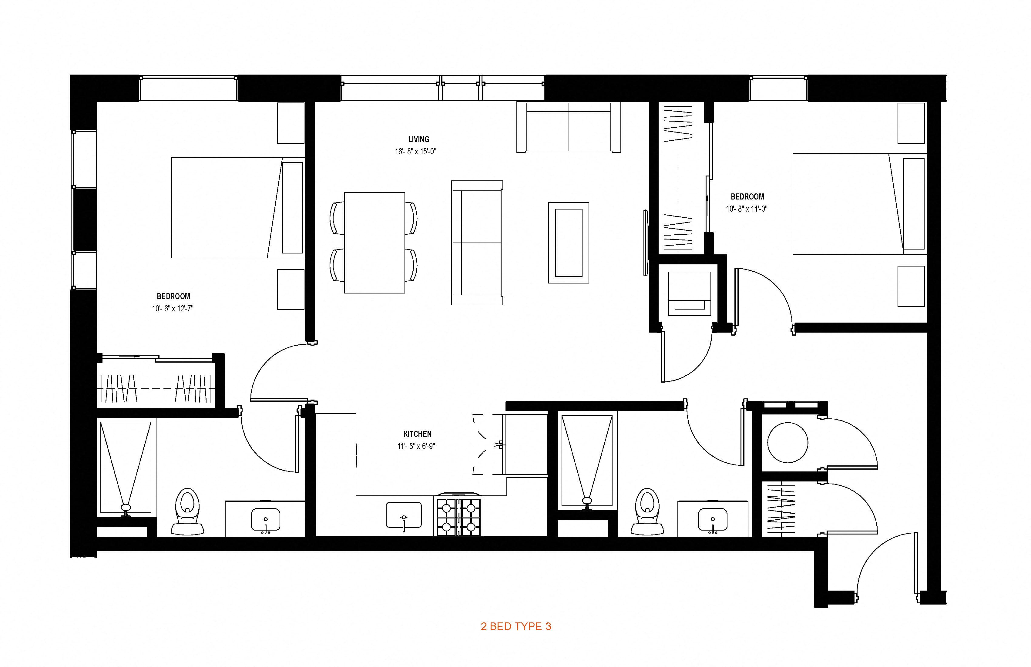 Floor plan for 2 beds, 2 baths, 1013 sqft